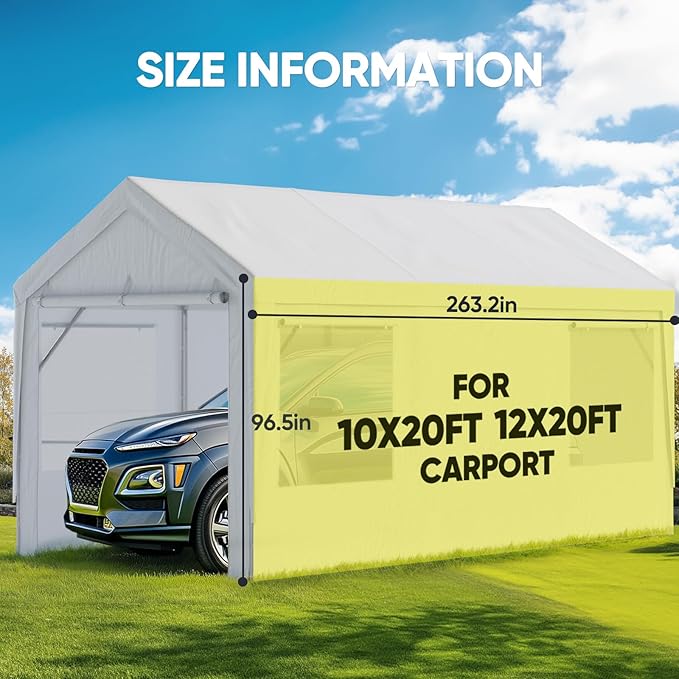 ADVANCE OUTDOOR Replacement Mesh Window Sidewall Tarp for 10/12x20 ft Carport Canopy, Heavy-Duty Waterproof & UV Protected, Easy Installation with Ball Bungees, White, One Sidewall Only
