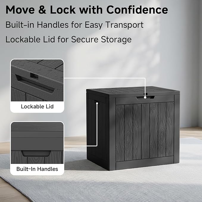 35 Gallon Outdoor Deck Box,Waterproof Resin Outdoor Storage Boxes, Outside Storage Lockable Container for Garden Tools,Indooor Cushions,Accessories (Black)
