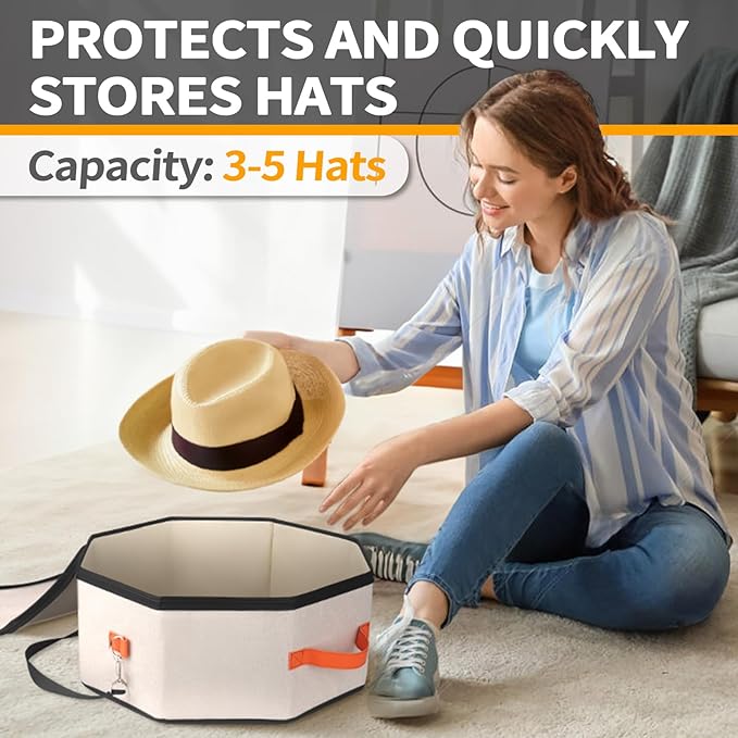 Hat Storage Box for Women & Men, Hardboard Support Hat Boxes with 1 Door Hook Hat Organizer, Cowboy Hat Box for Travel, Hat Bag Hat Case (Beige)