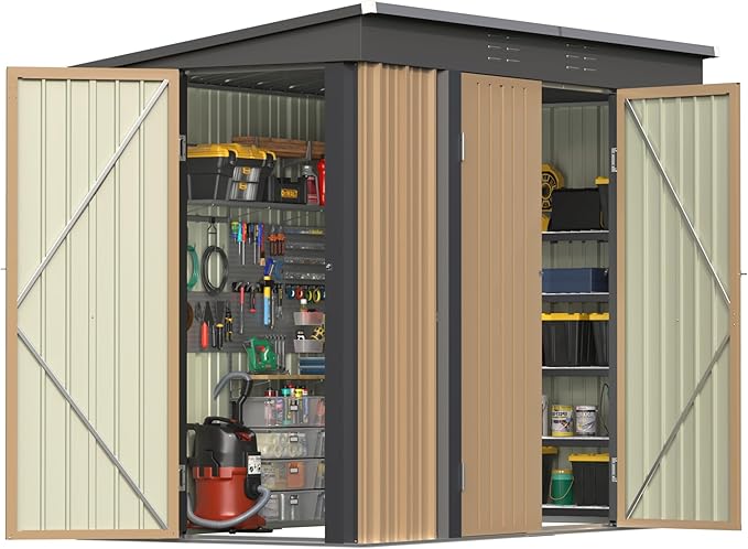 Patiowell 8x4 FT Outdoor Storage Shed, Heavy Duty Tool Metal Sheds with 3 Lockable Doors and Updated Frame Structure for Backyard Patio Lawn, Brown