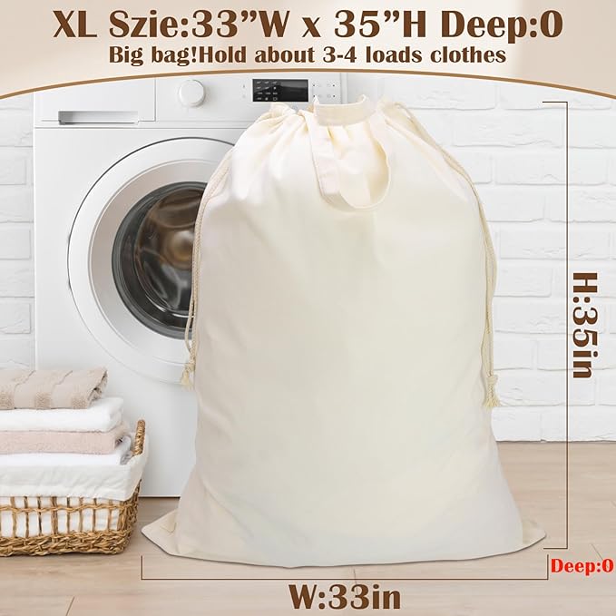 Canvas Laundry Bag 33"Wx 35"H, Thick Canvas Laundry Bag with Handles & Drawstring, Extra Large Heavy Duty Washable Basket Liner Hamper Liner Storage Sack (Beige XL, 1 Pack)