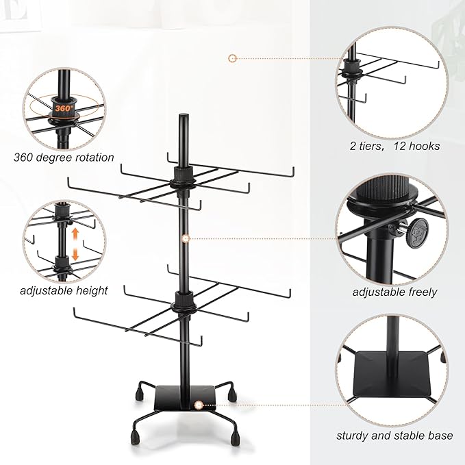 2 Pcs Jewelry Rotating Display Stand Adjustable Metal Earrings Bracelet Display Rack Hanging Jewelry Spinning Organizer Tree with Hooks for Vendor Events Selling (2 Tier,Black)