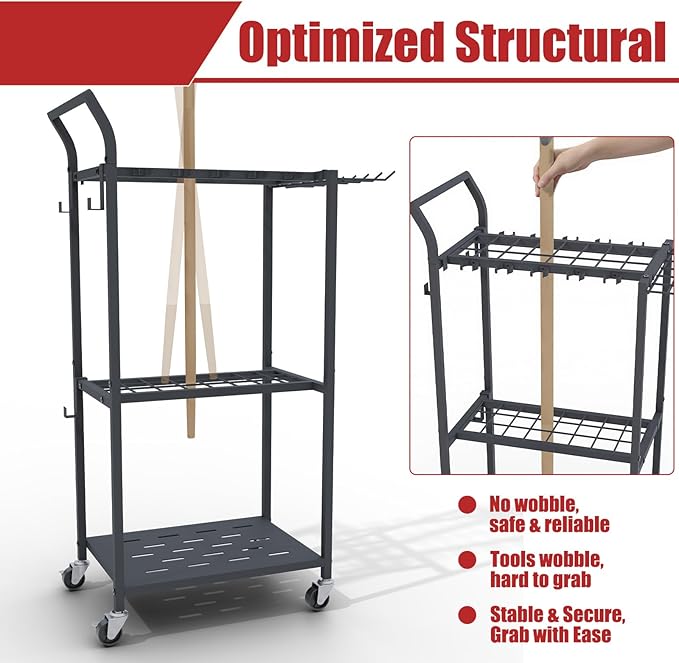 Garden Tool Organizer with Wheels, Heavy Duty Rolling Yard Tool Rack with 14 Hooks & 5 Slots, 3-Tier Metal Cart Holds 50+ Rakes/Shovels/Brooms, Mobile Lawn Storage for Garage Shed Outdoor