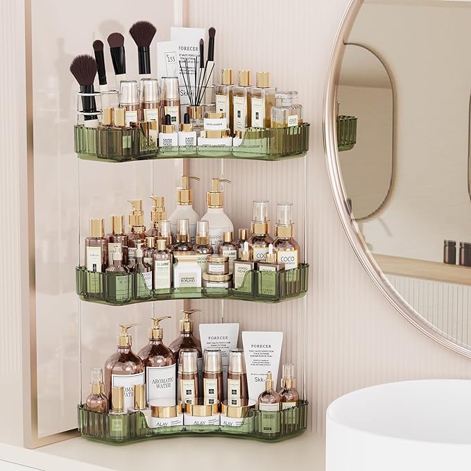 3-Tier Corner Bathroom Counter Organizer with Top Toothbrush Holders,Large Makeup Organizer Countertop with Brush Holder,Skincare Organizers Corner,Exquisite Vanity Organizer (Green, 3 Tier)