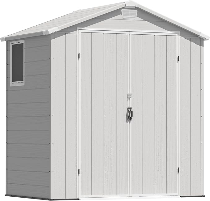 Greesum 6x4FT Plastic Outdoor Storage Shed with Floor, Resin Sheds with Lockable Double Door, Tool Sheds with Window and Vents, for Garden, Backyard, Patio, Light Gray