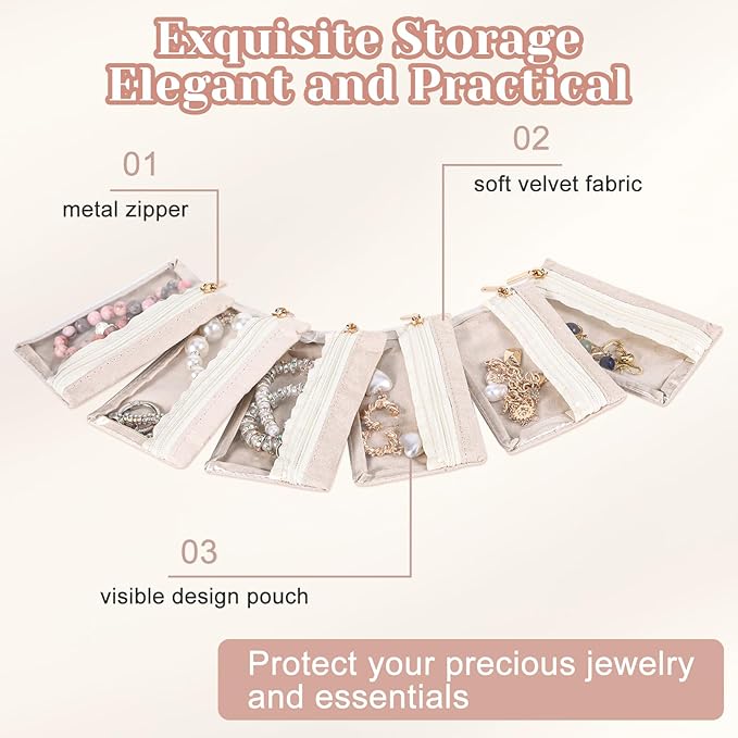 12PCS Travel Jewelry Bags for Women, Portable Jewelry Storage Bag Travel for Women, Velvet Zipper Pockets Storage Box Organizer Pouches Case Gifts for Rings, Earrings, Necklace