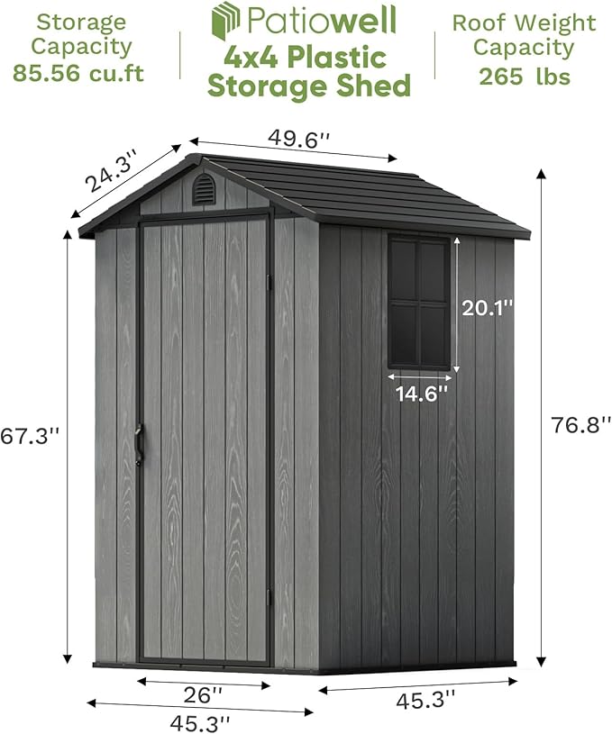 Patiowell 4 x 4 FT Plastic Outdoor Storage Shed with Floor, Garden Tool Resin Shed with Two Windows and Lockable Door for Garden, Backyard, Lawn, Easy to Install, Dark Grey