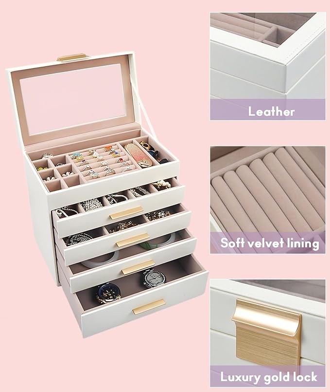 5 Layer Jewelry Box for Women, Glass Lid Jewelry Organizer with 5 Drawers for Necklaces Rings Earrings Bracelets - White (Pearl White)