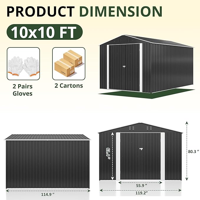 10x10 FT Storage Shed, Garden Shed with Updated Frame Structure and Lockable Doors, Metal Tool Sheds for Backyard Garden Patio Lawn, Grey