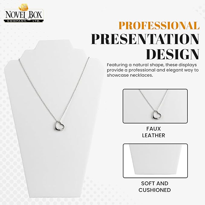 Novel Box 2 Pack White Leatherette Necklace Display Stands 8 1/4 W x 12 1/2 H Inches - Jewelry Stand Necklaces Organizer for Women - Elegant Necklace Easels for Craft Shows, Selling & Personal Use