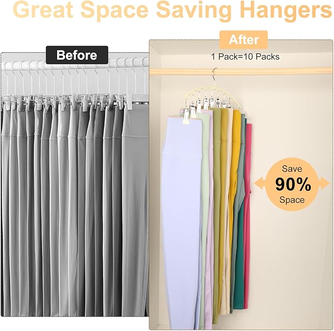 Legging Organizer for Closet, Metal Yoga Pants Hangers 2 Pack w/10 Clips Holds 20 Leggings, Space Saving Hanging Closet Organizer w/Rubber Coated Closet Organizers and Storage, Ivory
