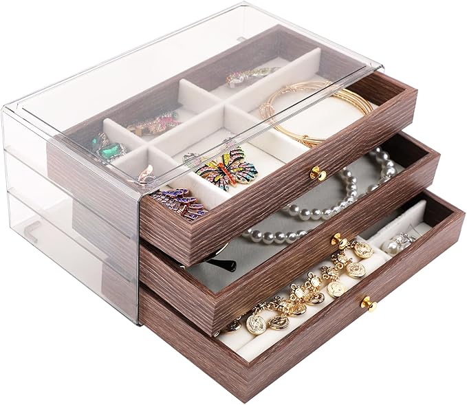 3 Layer Wooden Drawers Jewelry Box Vintage Style Jewelry Organizer with Acrylic Cover, Jewelry Storage Display Box for Ring Earrings Necklace Bracelet Box for Women and Girls Farmhouse Style Wood