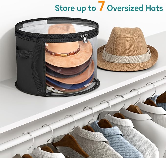 AOODA Oversized Clear Hat Storage Bag for Women, Holds up to 7 Caps Cowboy Hat Organizer for Closet, Wide Brims Hat Case with Carrying Handles (Black)