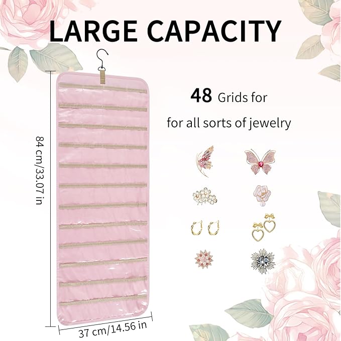Bloss Hanging Jewelry Organizer with 48 Pockets, Double-Size Hanging Jewelrys Holder with Hanger Hooks, Jewelry Organizers and Storage for Earrings, Necklaces and Rings,Pink