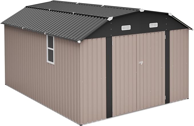10×12 FT Outdoor Storage Shed,Heavy-Duty Metal Shed with Floor Base,All Weather Waterproof Tool Shed W/Diamond Roof & Windows,Lockable Double Door & 4 Air Vents,for Backyard,Patio,Lawn,Brown