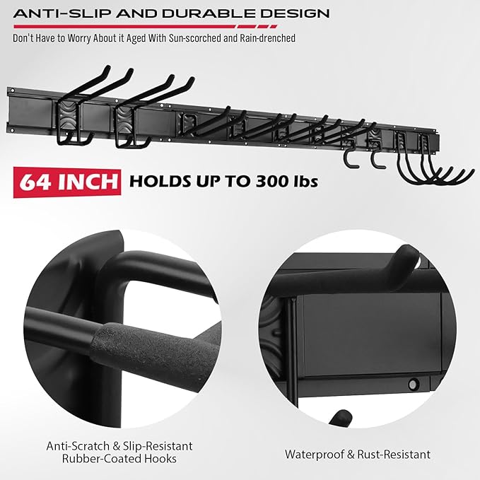 SEDY 64" Heavy Duty Garage Storage Tool Organizer Wall Mount - Tool Rack with Adjustable Hooks, Anti-Rust, 300lbs Capacity - Easy Installation (10 Hooks, 4 Rails, 3 Straps)