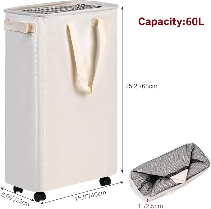 efluky Slim Laundry Hamper with Wheels, Rolling Laundry Basket for Clothes, Small Laundry Basket for Bedroom, Dorm and Laundry Room, 60L (12.7 Gallons) Beige