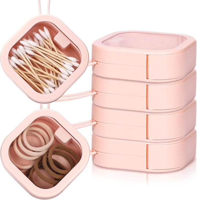 Soleebee 6pcs Portable Hair Tie Organizer Box Qtip Holder, Small Hair Accessory Containers Travel Hair Tie Holder Cotton Swab Dispenser Stackable or Hanging Small Items Storage Box (Pink)