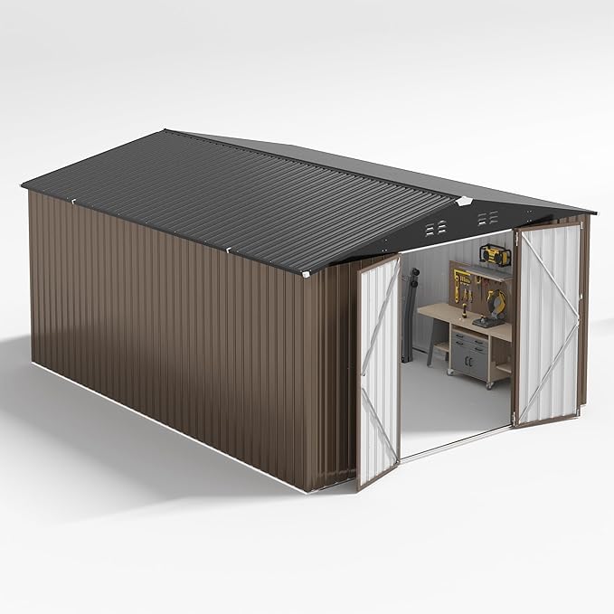 10x14 FT Outdoor Storage Shed, Large Garden Shed with Updated Frame Structure and Lockable Doors, Metal Tool Sheds for Backyard Garden Patio Lawn, Brown