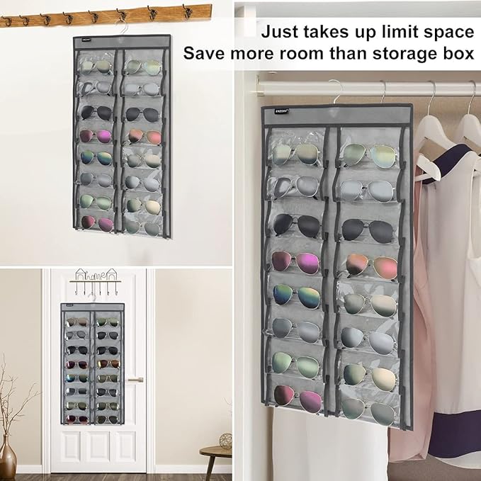 Dual Sided Hanging Sunglasses Organizer Wall Eyeglass Holder Sunglass Rack for Home with 32 Dust Proof Pockets (32 Pockets-Grey)
