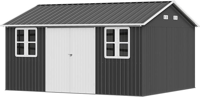 VanAcc 10 x 14FT Outdoor Storage Shed with a Lockable Hinged Door and 2 Windows, Nordic Cottage Metal Shed for Backyard, Garden, Patio, Dark Grey/White