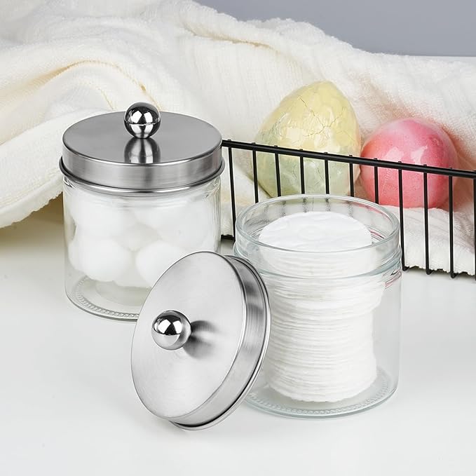 SheeChung Bathroom Organizers and Storage - 4Pack Qtip Holders Bathroom Canister Apothecary Jars for Cotton Swabs, Rounds, Balls, Qtips,Makeup Sponges, Flossers,Bath Salts - Brushed Nickel