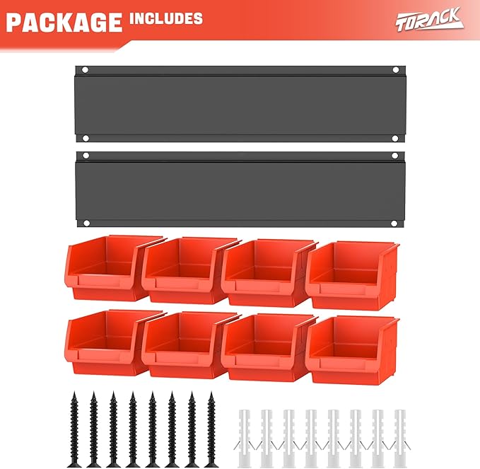 TORACK Wall-Mounted Storage Bins - 8 Plastic Bins & 2 Metal Tracks for Tools Organization in Garage, Craft Room, and Shop(Orange)