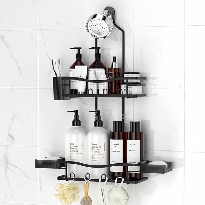REINHARDT Shower Caddy Hanging, Rustproof Shower Caddy Anti-Swing Shower Organizer Over Showerhead No Drilling Shower Racks with Soap Holder Multi Hooks Bathroom Storage for Shampoo Sponge, Black