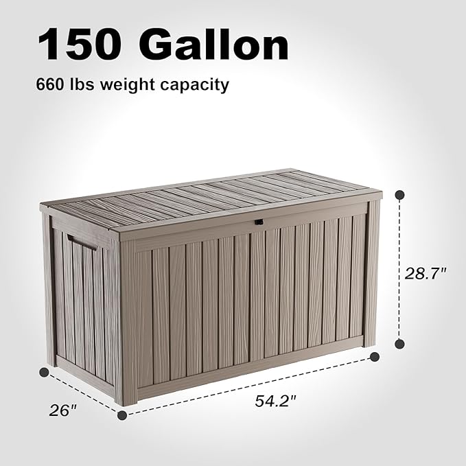 150 GallonOutdoor Storage Box,Resin Deck Boxes Waterproof, IndoorOutdoor Bin for Package Delivery, Patio Cushions, Gardening Tools, Lockable, UV Resistant