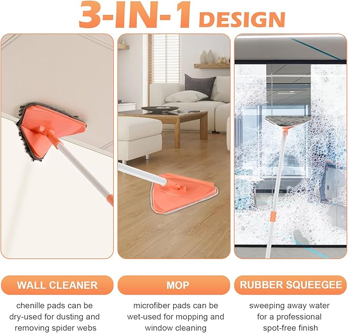 RONSUNG Wall Cleaner Triangle Mop with 82'' Long Handle - Wall Scrubber, Cleaning Washer Tool with 6 Pads for Clean Walls, Ceiling, Windows, Floors, Baseboards (Orange)