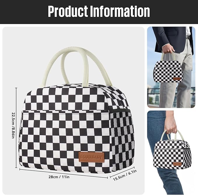 Lunch Bag Women/Men Lunch Box Women/Men (Black+White Checkerboard)