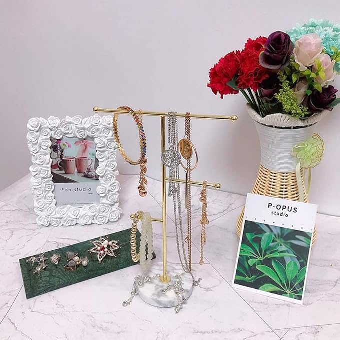 PRETYZOOM Gold Marble Jewelry Display Stand 18.5x10x26cm, Iron Jewelry Organizer Rack with Watch Storage Holder for Earrings Bracelets Necklaces, Scandinavian Style Accessory Organizer