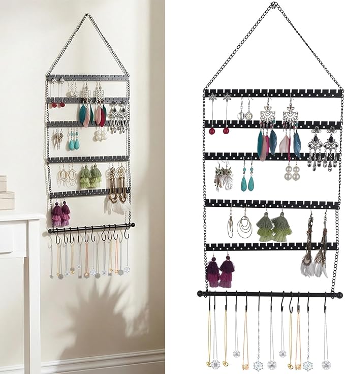 Wall Mounted Jewelry Organizer, 19.3 x 9.8 in, 6-Tier Foldable Hanging Earring Organizer with 10 Hooks, Black Metal Earring Holder Display Rack