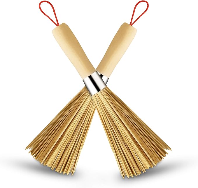 2 Pack Bamboo Wok Brush, Bamboo Kitchen Cleaning Brush