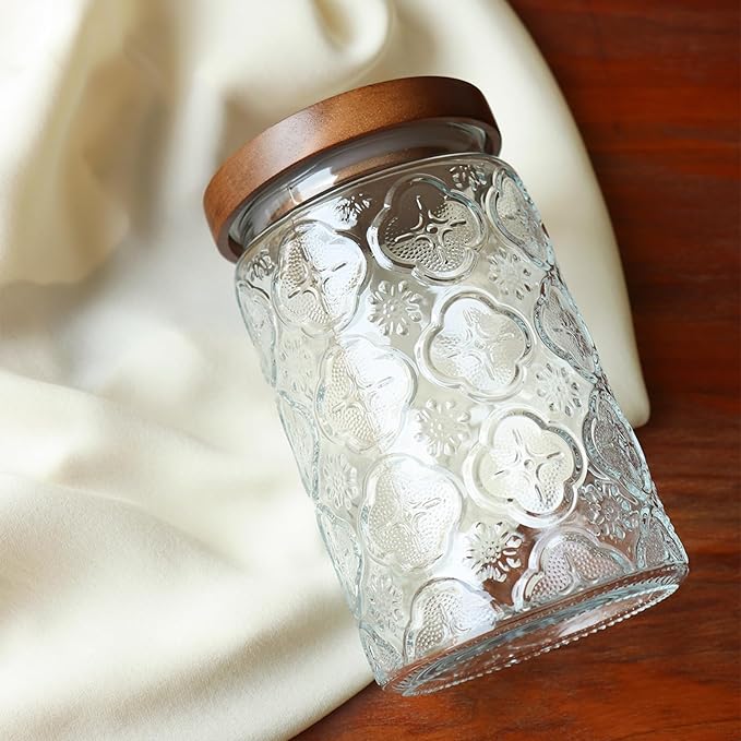32oz Vintage Glass Jars With Lids, Airtight Food Storage Containers, Kitchen Canisters For Sugar, Coffee, Tea, Spice, Flour, Candy Cookie, Pasta, Cereal, Cute Decorative Jars