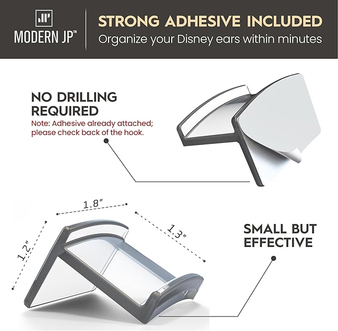 Modern JP Adhesive Hooks for Disney Ears (8-Pack) - Minimalist Disney Ear Holder, No Drilling Headband Holder Design, Strong Hold Headband Organizer - USA Patented, Clear