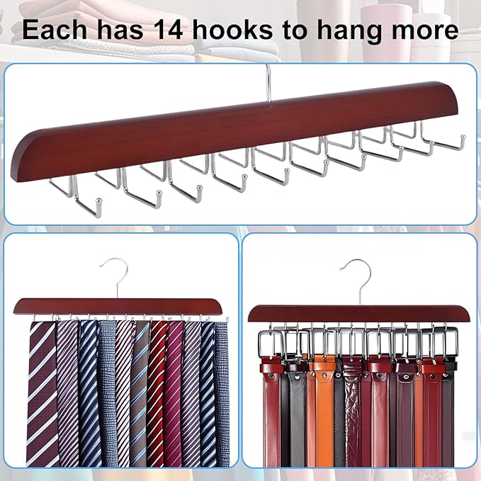 2pcs Red Tie Rack Hanger & Belt Hanger, Stainless Steel Tie Holder Organizer with 20 Folding Hooks Multipurpose 360° Swivel Belt Holder for Closet Storage, Men's Accessories