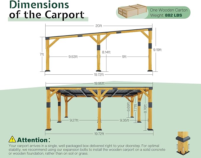 Jocisland 20x20x9.2 FT Cedar Wood Carport for 2 Cars, Heavy Duty Canopy Carport with Sloped Galvanized Steel Roof for All Weather, Permanent Shelter for Full-Sized Pickup Truck, Boat & Tractor