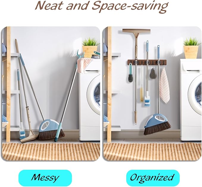 2 Pack Mop Broom Holder Wall Mount with 3 Slots & 4 Hooks - Rustic Wood Broom Mop Hanger for Pantry Kitchen Organization - Garden Tool Organizer for Closet Laundry Room