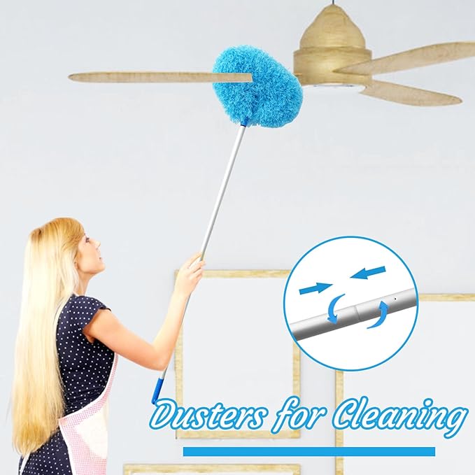 Ceiling Fan Cleaner Duster,Reusable Microfiber Ceiling Fan Blade Cleaner Duster with Extendable Long Handle Removable 13 to 48 in for Cleaning Bookshelves,Door,Window Top (Blue)