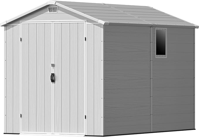 Devoko 6x10 FT Plastic Outdoor Storage Shed with Floor, Resin Garden Shed with Lockable Door and Window, Waterproof Outside Tool Storage Shed for Patio, Garden, Backyard, Light Gray