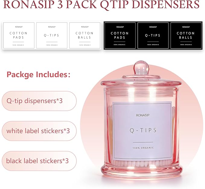 Qtip Holder & Cotton Pad Dispenser, Bathroom Organizer and Storage Canisters, 16oz Glass Apothecary Jars for Kitchen, Restroom - Home Decor Accessories, Room Decor Aesthetic (2 Pack, Pink)