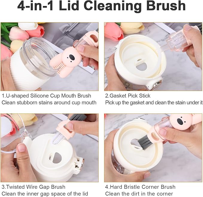 4 in 1 Water Bottle Brush,3 PCS Bottle Brushes for Cleaning,Cute Rabbit Cup Lid Cleaning Brush Tool Set for Gap Tight Space,Multifunctional Crevice Cleaning Brush with Straw Brush