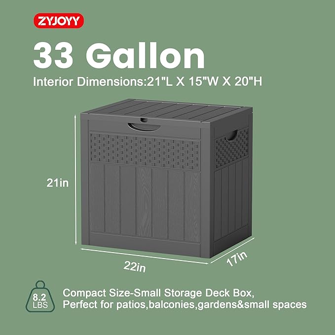ZYJOYY 33 Gallon Outdoor Storage Box, Waterproof Resin Deck Box with Lockabe Design for Patio Cushions, Pool Accessories and Garden Tools, UV Resistant