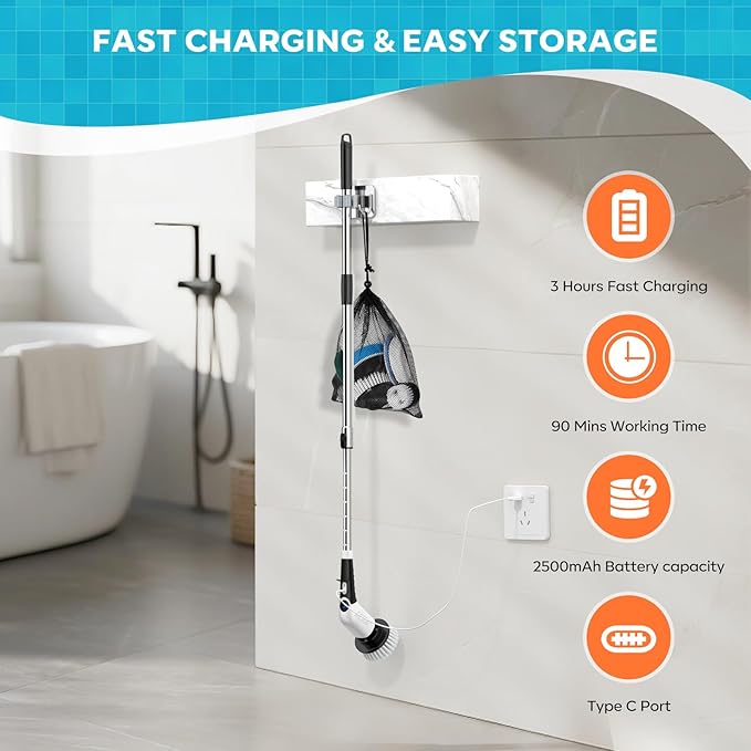 YKYI Electric Spin Scrubber-Cordless Power Scrubber with 8 Brush Heads, 3 Speeds & Adjustable Long Handle, IPX7 Waterproof Shower Cleaning Brush for Bathroom Tile, Bathtub, Grout, Kitchen(Matte White)