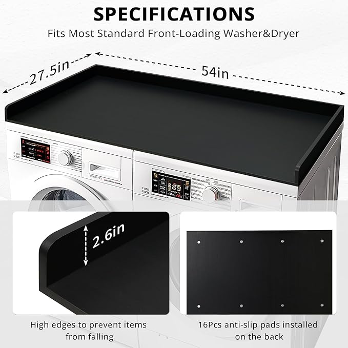 Washer Dryer Countertop, 27.5" x 54" Bamboo Washer and Dryer Countertop for Laundry Room Organization(Black)