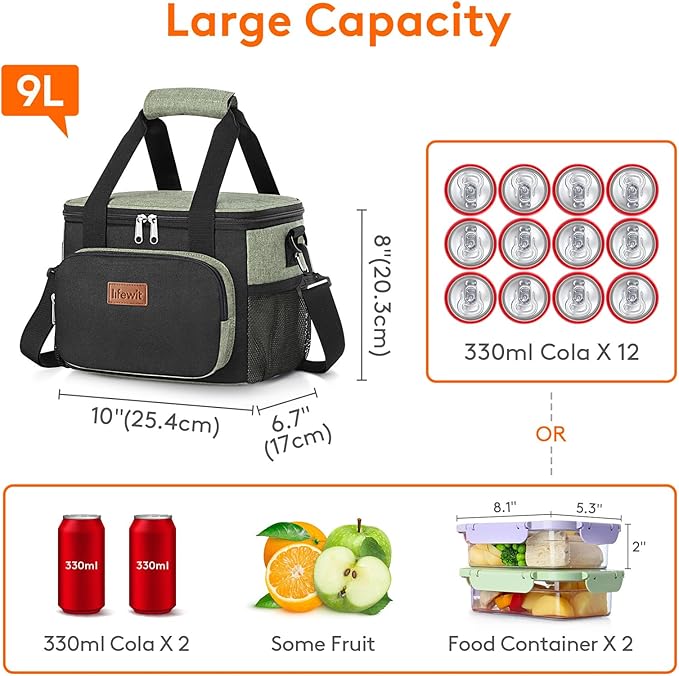 Lifewit Medium Lunch Bag Insulated Lunch Box Soft Cooler Cooling Tote for Adult Men Women, Black and Green 12-Can (9L)