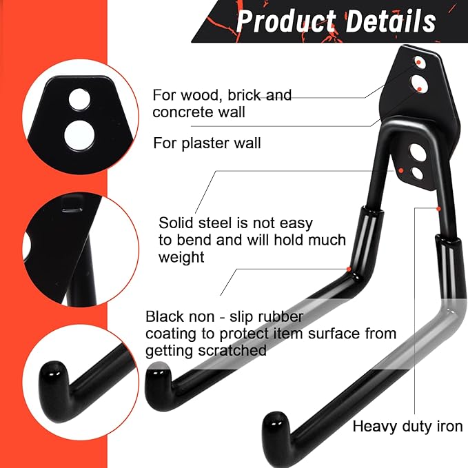15pcs Garage Storage Wall Hooks - Heavy Duty Garage Hooks for Hanging Yard Tools Ladders Bikes Power Hose Shovel Metal Shed Hangers Organizer System