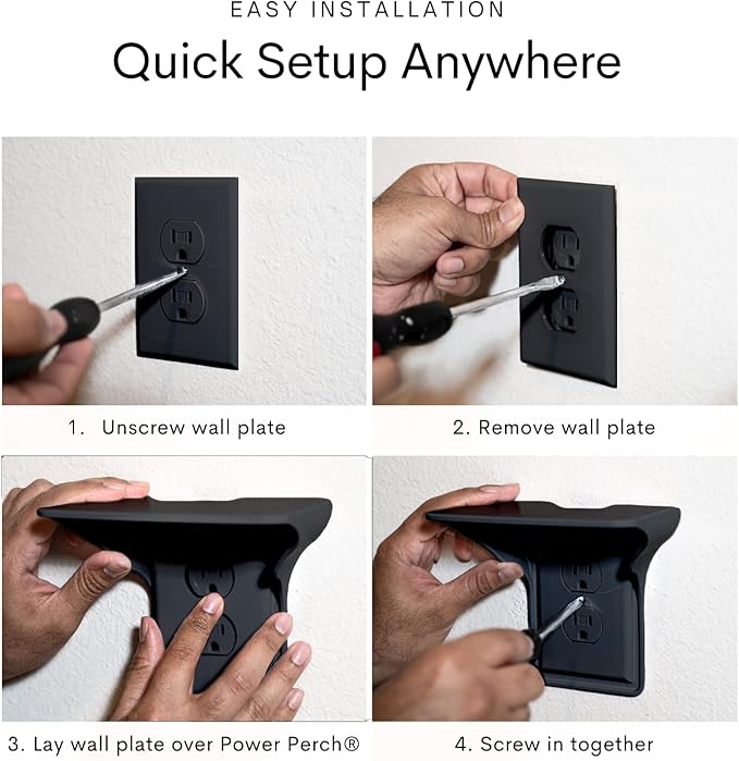 BeraTek Power Perch Wall Outlet Shelf with Cord Storage Strap - Declutter & Reclaim Bathroom Counter Space - Echo Dot Stand, Homepod Mini Wall Mount, Smart Home Devices Organizer - Black, 1-Pack