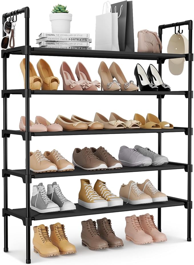 5 Tier Shoe Rack for Closet Shoe Organizer with 5 Hooks, Long Shoe Shelf Storage for Shoe and Boot Stackable Free Standing Shoe Rack for Entryway, Garage, Small Spaces, Dorm, Black